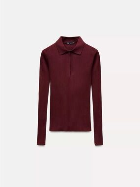Zara Ribbed Zip-Collar Sweater - Burgundy